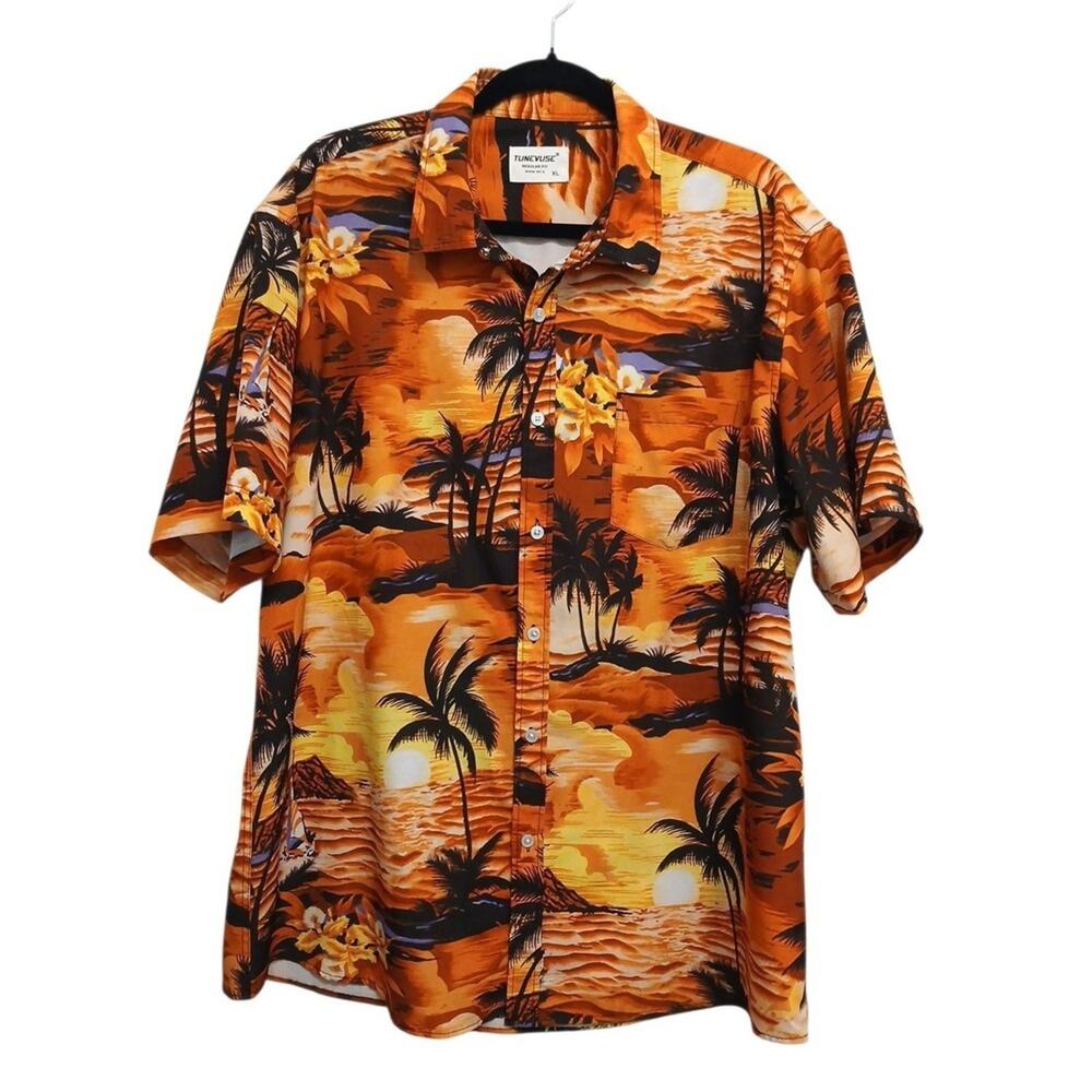 Vintage Sunset Tropical Dinner Shirt Sz XL Orange Palm Luau Party Hawaii Bahamas